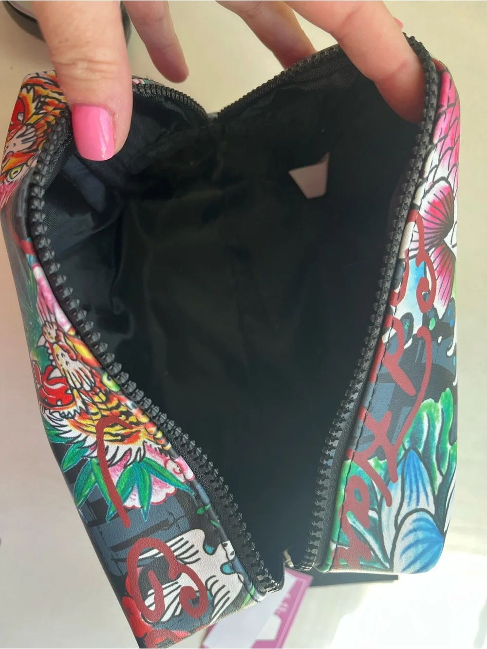 Ed Hardy Black Multicolor Koi & Floral Cosmetic Bag
